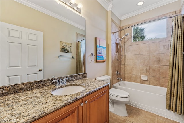 full bathroom with toilet, crown molding, shower / tub combo with curtain, tile flooring, and vanity