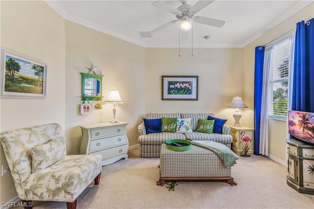 living room with light carpet, ceiling fan, and crown molding