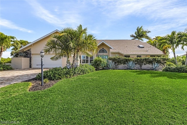 ranch-style house with a garage and a front yard