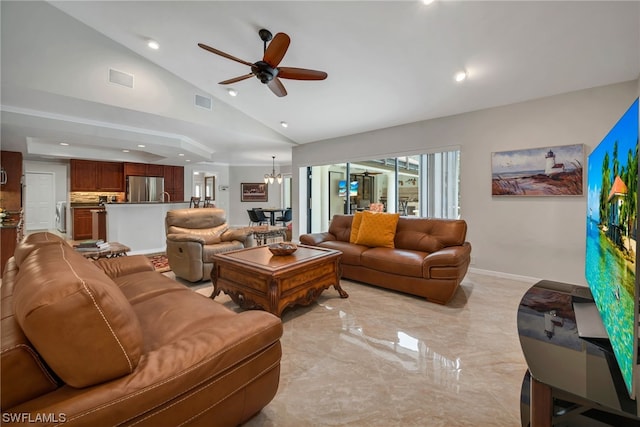 living room with ceiling fan with notable chandelier and high vaulted ceiling