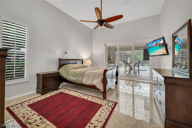 bedroom featuring access to exterior, high vaulted ceiling, and ceiling fan