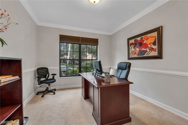 office space with crown molding and light colored carpet