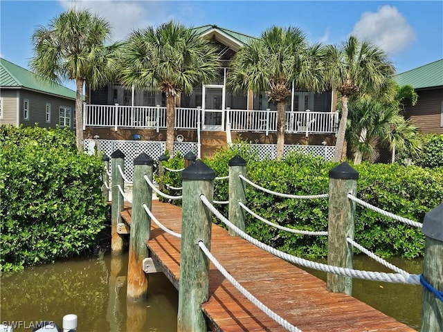 view of home's community with a dock and a water view