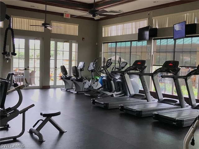 exercise room featuring ceiling fan and french doors