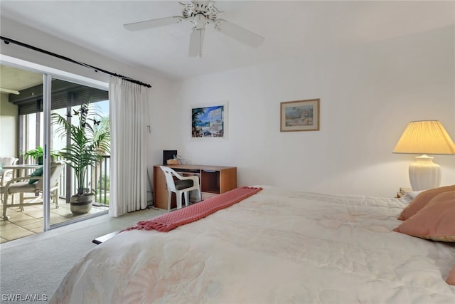 carpeted bedroom with ceiling fan, multiple windows, and access to exterior