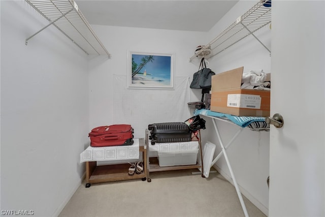 spacious closet featuring light carpet