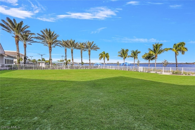 surrounding community with a water view and a lawn