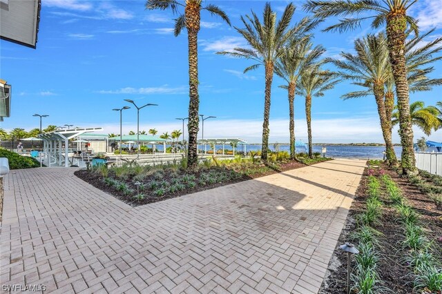 view of patio with a dock and a water view