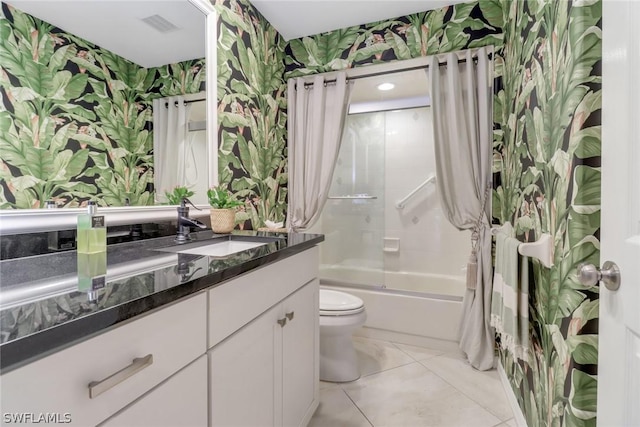 full bathroom with shower / bathtub combination, vanity, toilet, and tile patterned flooring