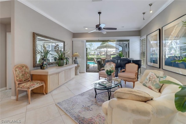 tiled living room with ceiling fan and ornamental molding