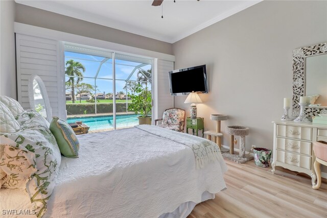 bedroom with ceiling fan, crown molding, access to outside, and light wood-type flooring