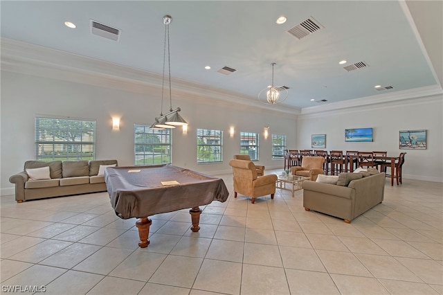 game room with billiards, ornamental molding, and light tile floors