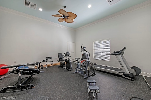 exercise area featuring ceiling fan and ornamental molding