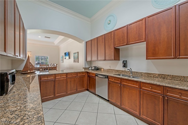 kitchen with stainless steel dishwasher, light tile floors, dark stone counters, crown molding, and sink