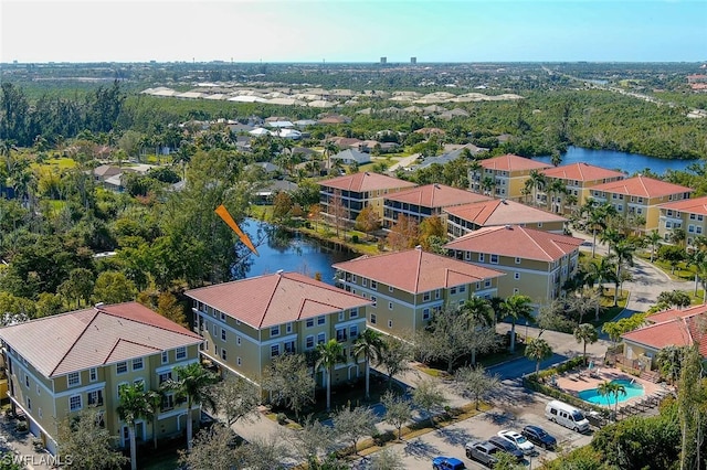 drone / aerial view featuring a water view