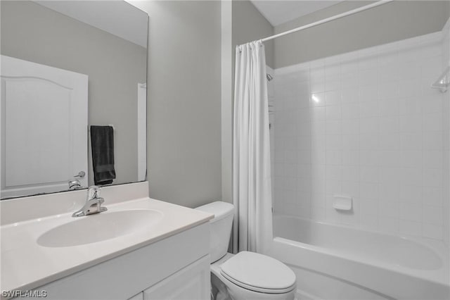 full bathroom with vanity, shower / bathtub combination with curtain, and toilet