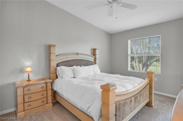 bedroom with light colored carpet and ceiling fan