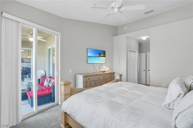 bedroom with light carpet, access to outside, ceiling fan, and a closet