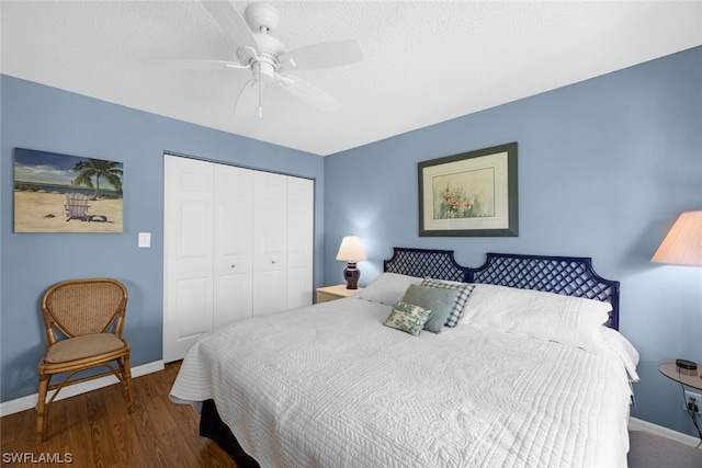 bedroom featuring a closet, ceiling fan, and dark hardwood / wood-style flooring