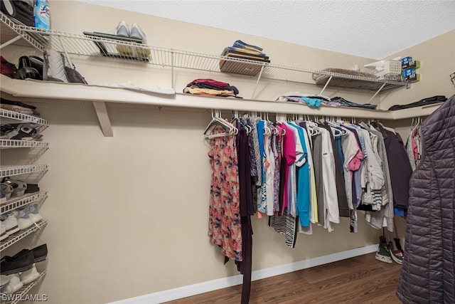 spacious closet with dark hardwood / wood-style flooring