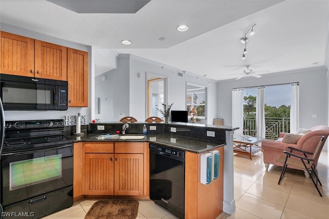 kitchen with dark stone counters, ceiling fan, rail lighting, black appliances, and sink