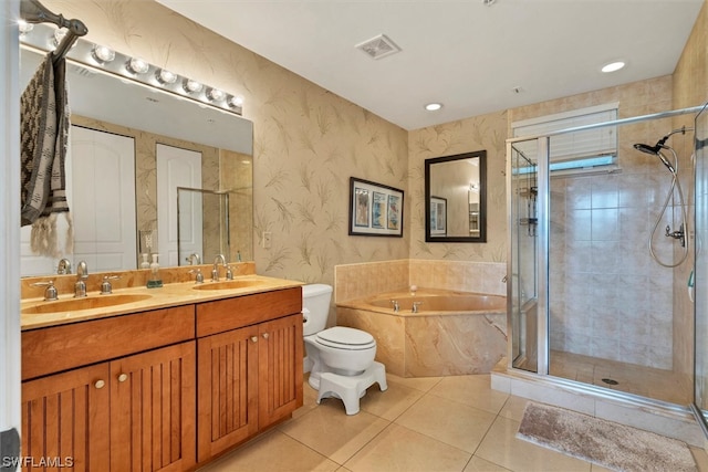 full bathroom with toilet, independent shower and bath, dual bowl vanity, and tile flooring