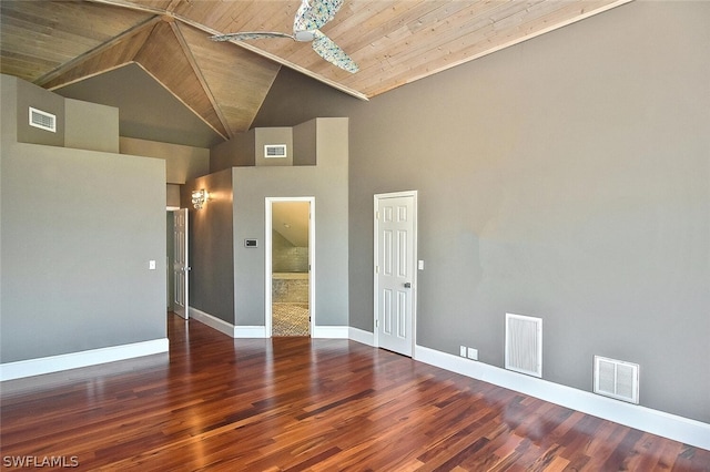 spare room featuring high vaulted ceiling, wood ceiling, and dark hardwood / wood-style flooring