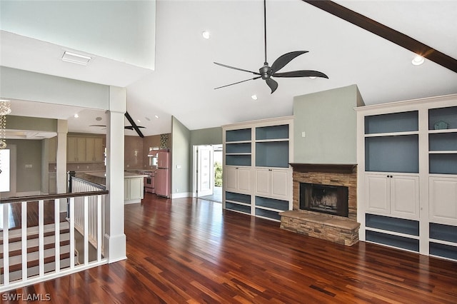 unfurnished living room with dark hardwood / wood-style flooring, a fireplace, high vaulted ceiling, and ceiling fan