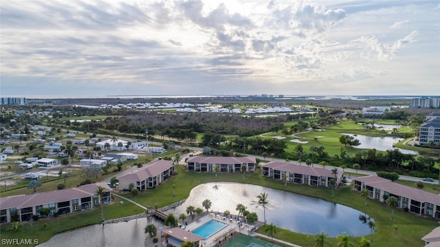 drone / aerial view with a water view