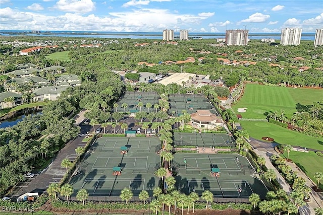 aerial view featuring a water view