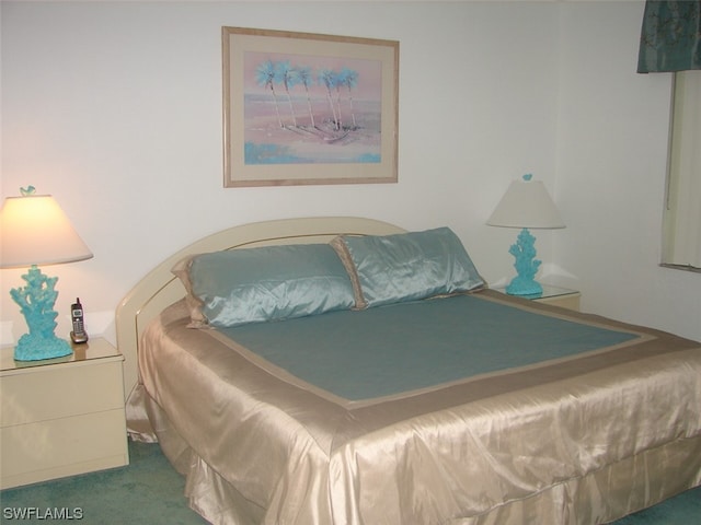 bedroom with dark colored carpet