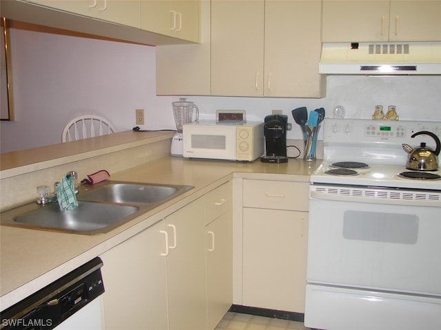 kitchen with white appliances, fume extractor, sink, and light tile floors