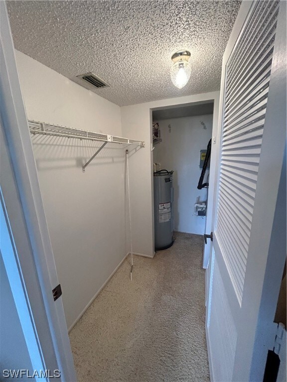 walk in closet with water heater and light colored carpet