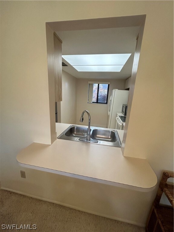 kitchen with carpet, white fridge, and sink