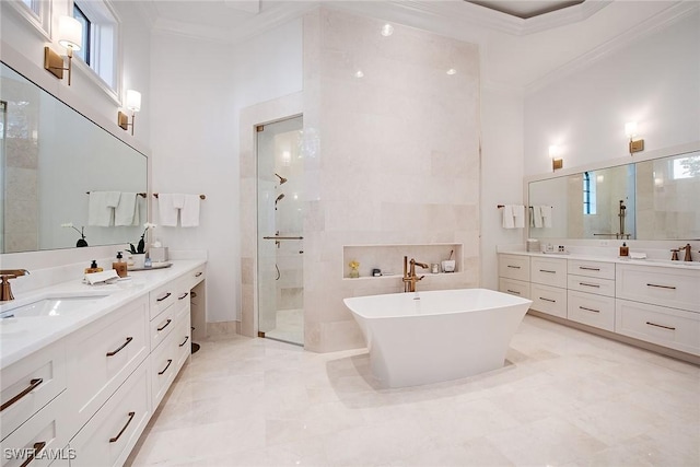 bathroom featuring crown molding, two vanities, a shower stall, and a sink