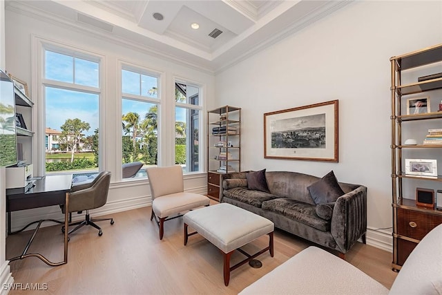 sitting room featuring visible vents, light wood-style floors, crown molding, and coffered ceiling