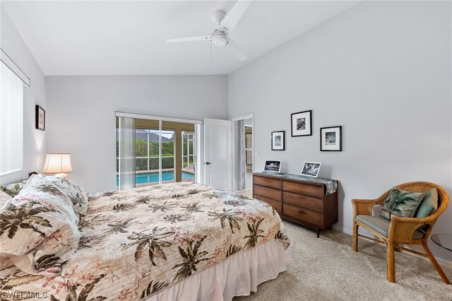 bedroom featuring lofted ceiling, light colored carpet, access to exterior, and ceiling fan