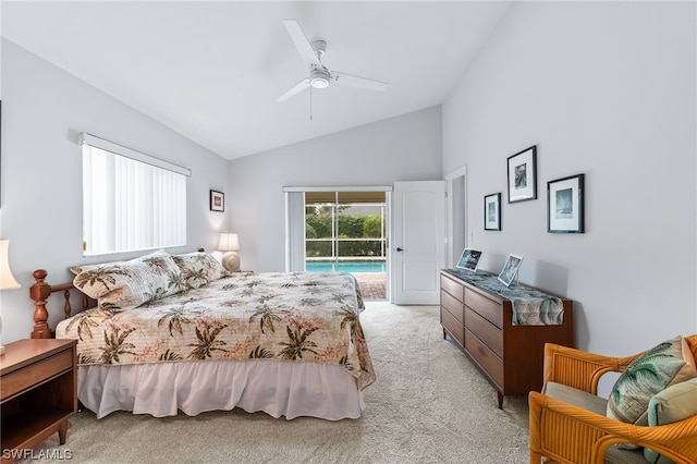 bedroom featuring light colored carpet, ceiling fan, vaulted ceiling, and access to outside