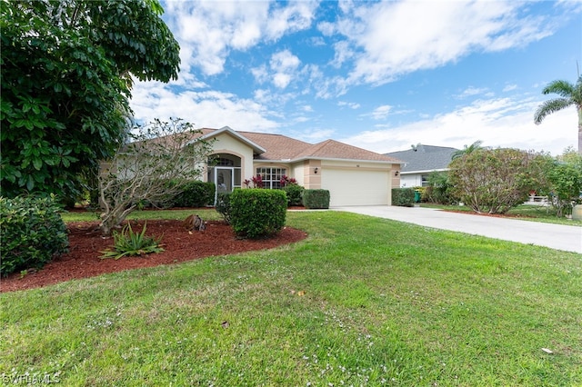 ranch-style house with a front lawn and a garage