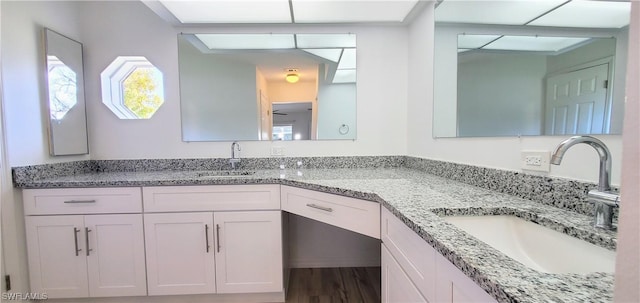 bathroom with vanity and wood-type flooring