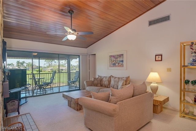 carpeted living room with high vaulted ceiling, wood ceiling, and ceiling fan