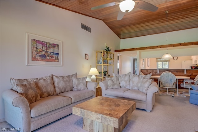 living room featuring light carpet, wood ceiling, and ceiling fan