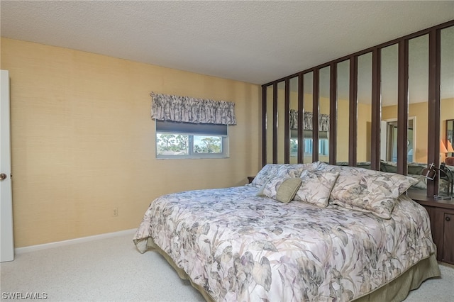 carpeted bedroom with a textured ceiling