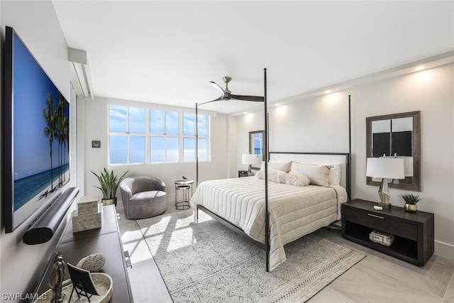 bedroom featuring light parquet flooring and ceiling fan