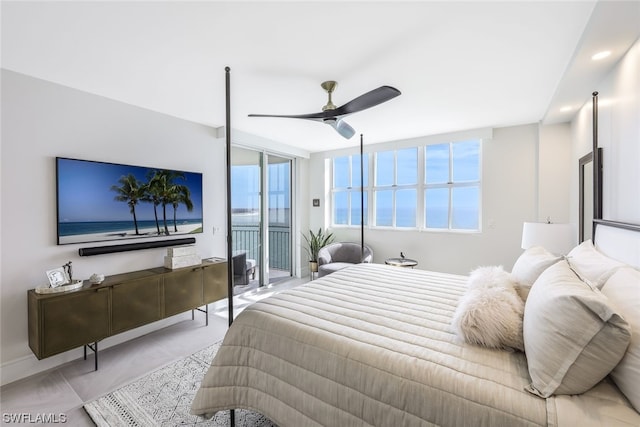 bedroom featuring ceiling fan and access to exterior