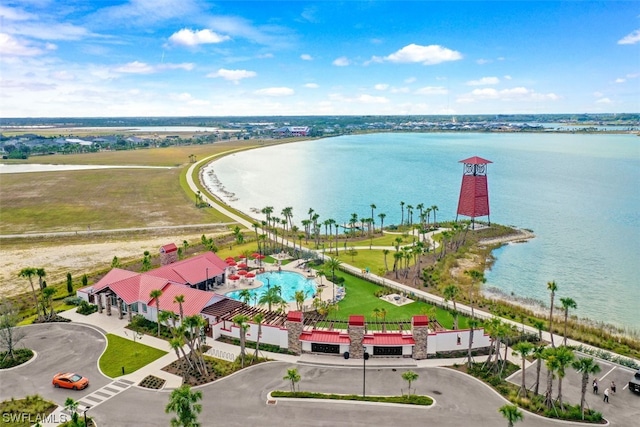 bird's eye view with a water view