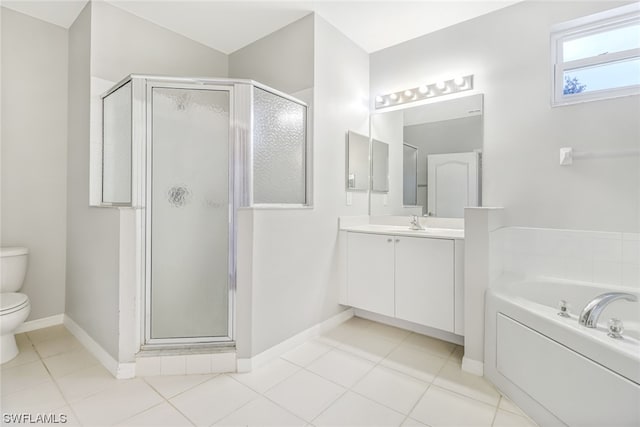 full bathroom featuring tile flooring, independent shower and bath, oversized vanity, and toilet