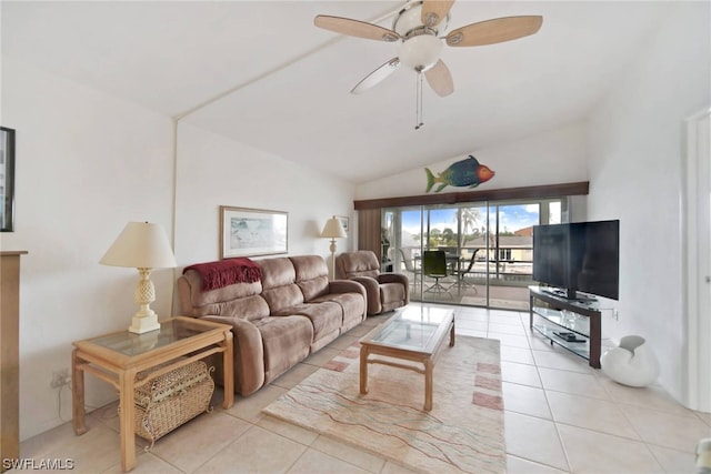 tiled living room with high vaulted ceiling and ceiling fan