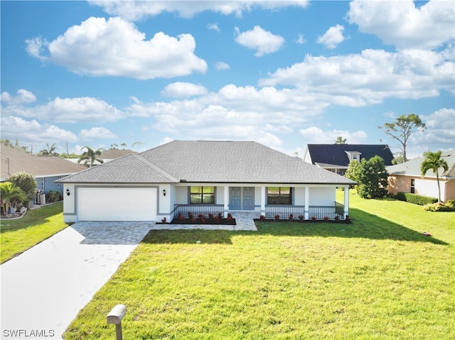 view of front facade featuring covered porch, a front yard, and a garage