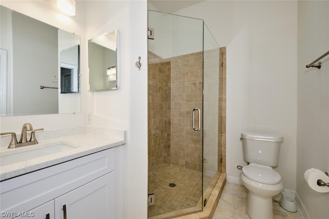 bathroom with toilet, tile flooring, walk in shower, and vanity